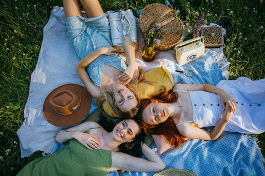 A group of three women enjoying a sunny day with picnic items around them.